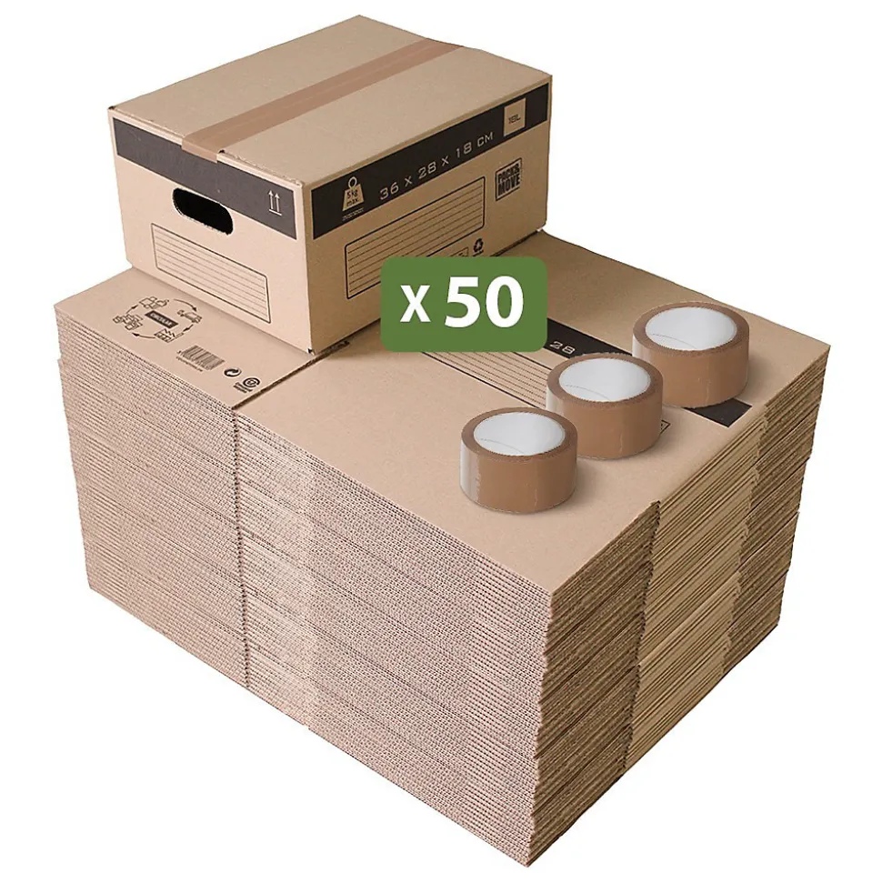 Pack and Move - Lot 50 Cartons Déménagement Stockage S - 36 x 28 x 18 cm - Poignées renforcées - 3 adhésifs offerts
