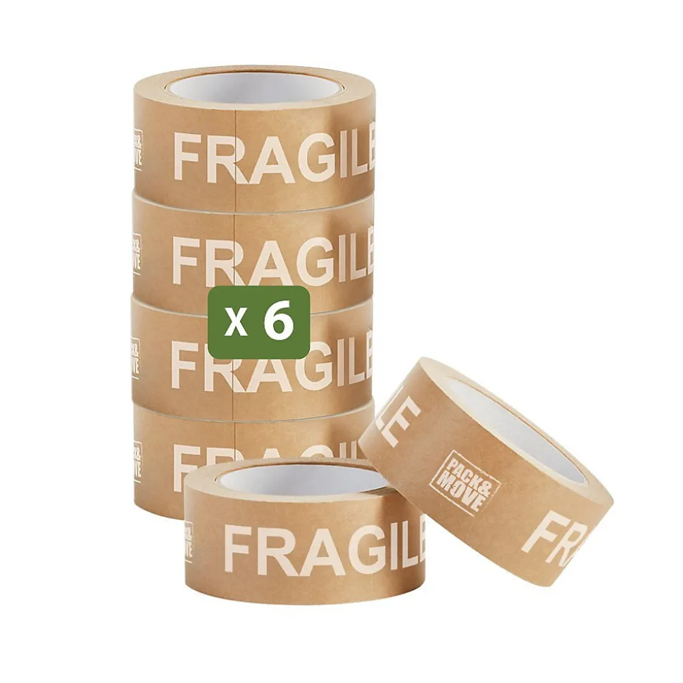 Pack and Move - Lot 6 rouleaux ruban adhésif kraft "fragile" pour emballage et déménagement - 50 m - Qualité Premium