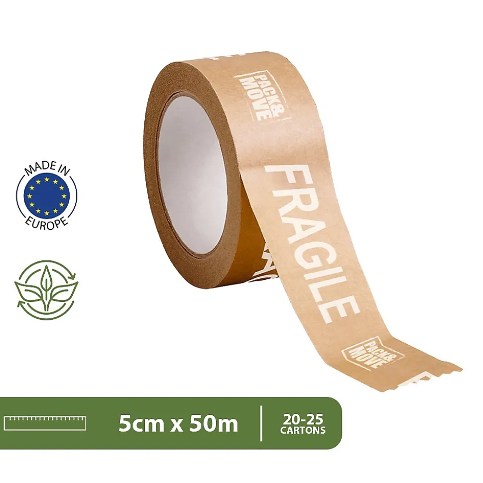 Pack and Move - Lot 6 rouleaux ruban adhésif kraft "fragile" pour emballage et déménagement - 50 m - Qualité Premium