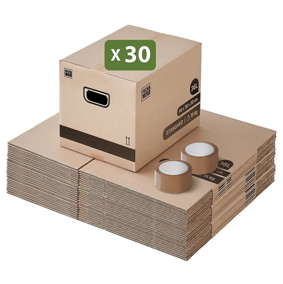 Pack and Move - Lot de 30 cartons déménagement livres avec poignées + 1 adhésif GRATUIT