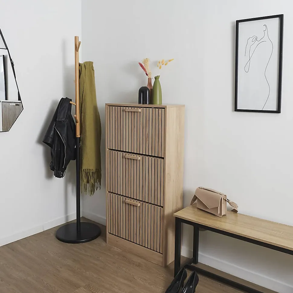 PAJAN - Meuble à Chaussures 3 Portes Basculantes Effet Bois avec Tasseaux