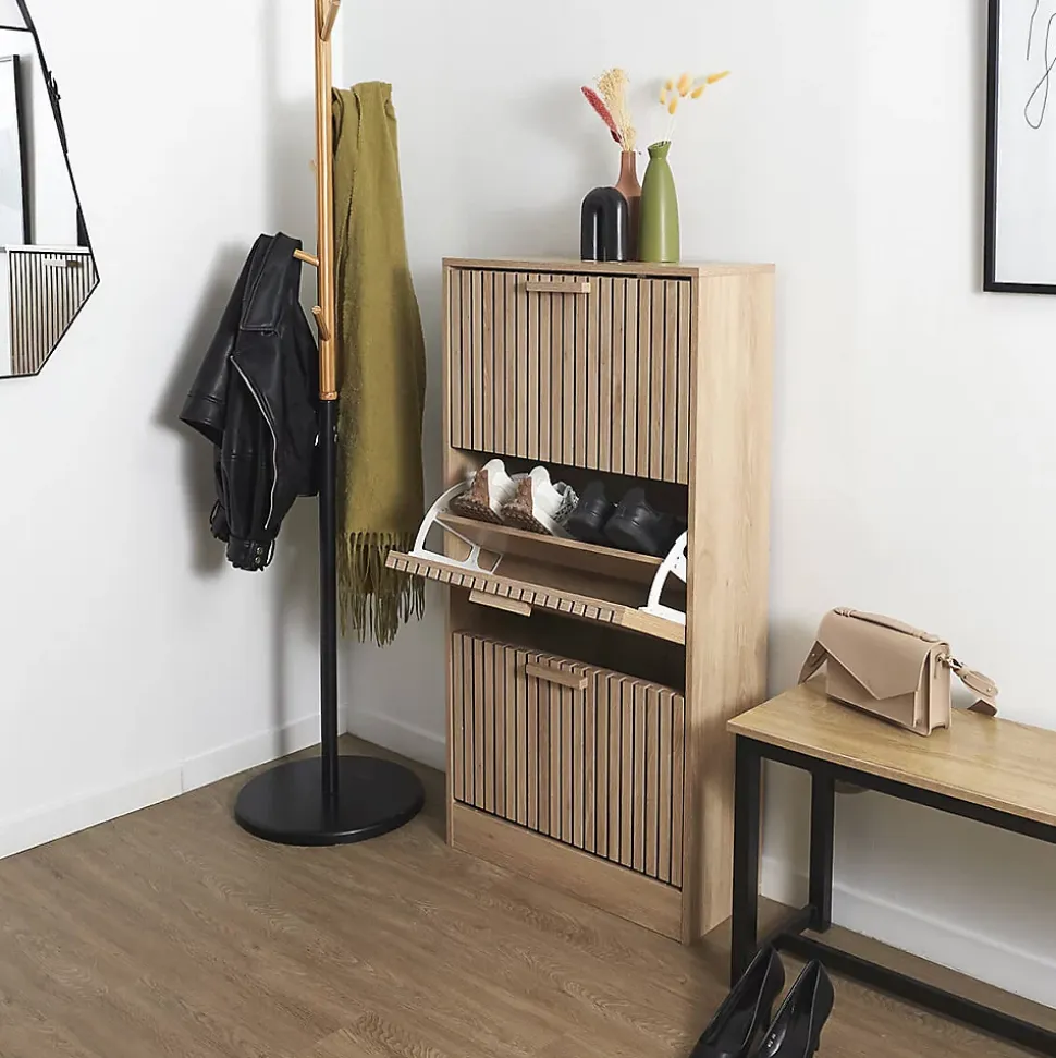 PAJAN - Meuble à Chaussures 3 Portes Basculantes Effet Bois avec Tasseaux