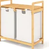 Panier à Linge 2 Compartiments,en Bambou, Étagère de Rangement, Poignée Pratique, pour Salle de Bain, Buanderie, Salon (Blanc)