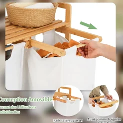 Panier à Linge 2 Compartiments,en Bambou, Étagère de Rangement, Poignée Pratique, pour Salle de Bain, Buanderie, Salon (Blanc)