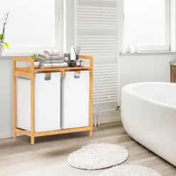 Panier à Linge 2 Compartiments,en Bambou, Étagère de Rangement, Poignée Pratique, pour Salle de Bain, Buanderie, Salon (Blanc)