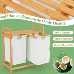 Panier à Linge 2 Compartiments,en Bambou, Étagère de Rangement, Poignée Pratique, pour Salle de Bain, Buanderie, Salon (Blanc)