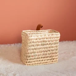 Panier à suspendre carré anse cuir (20x10x25 cm - Naturel)