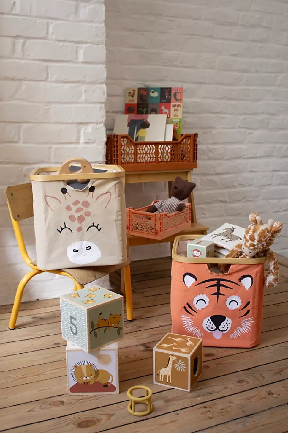 Panier de rangement cadre motif girafe Hyppolite beige