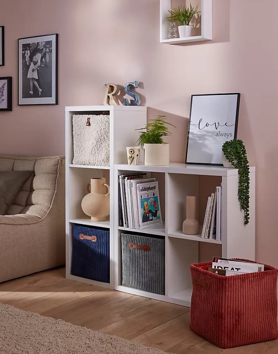Panier de rangement carré effet bouclette beige