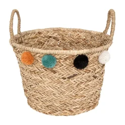 Panier en roseau avec pompons - Diamètre 40 cm - Beige