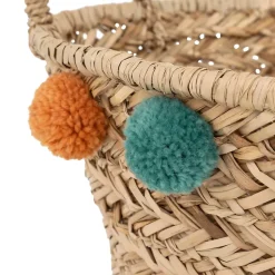 Panier en roseau avec pompons - Diamètre 40 cm - Beige