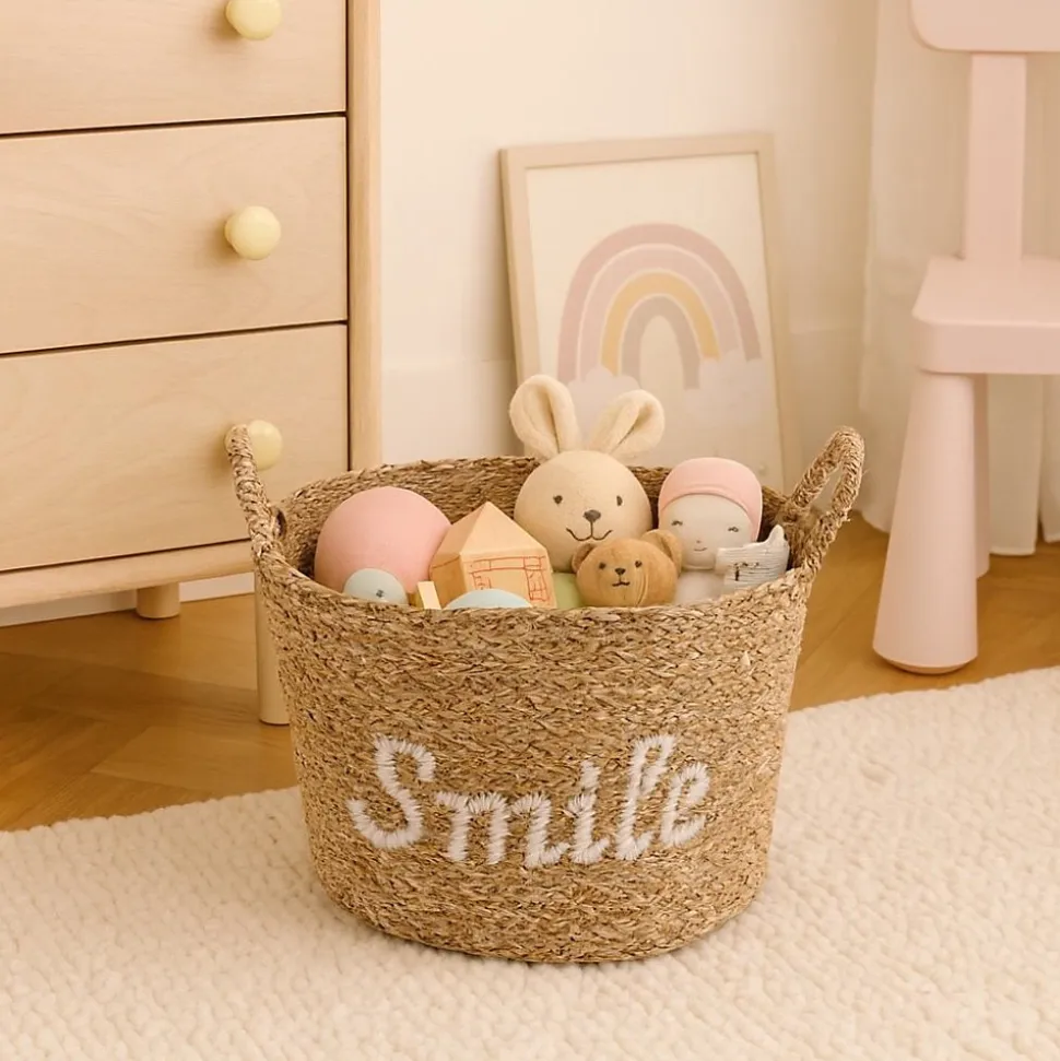 Panier rond brodé "Smile" en jonc de mer