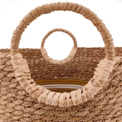 Panier rond en fibres naturelles Ornami vert et blanc avec poignées rondes