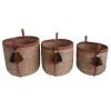 Panier rond en jonc de mer Norasia terracotta et couleur naturelle avec pompons taille L