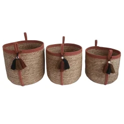 Panier rond en jonc de mer Norasia terracotta et couleur naturelle avec pompons taille S