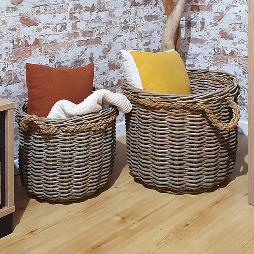 Panier rond en kubu naturel tressé D.46 cm avec anses - SIBU M