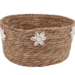 Panier rond tressé en jonc de mer Ornami marron motif fleur coquillage