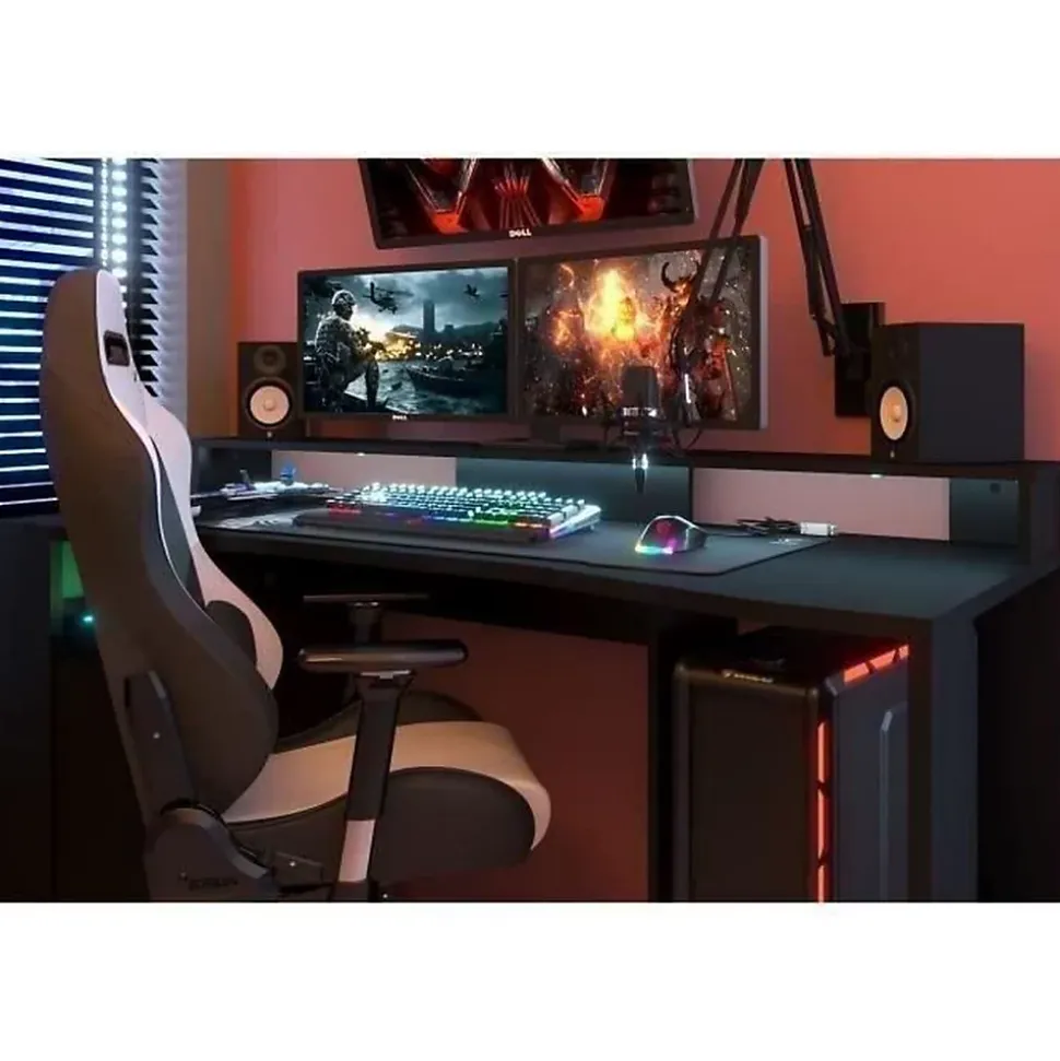 PARISOT Bureau gaming LED - Grande zone de jeu - Noir - L 152 x P 61,5 x H 86,7 cm - GAMER