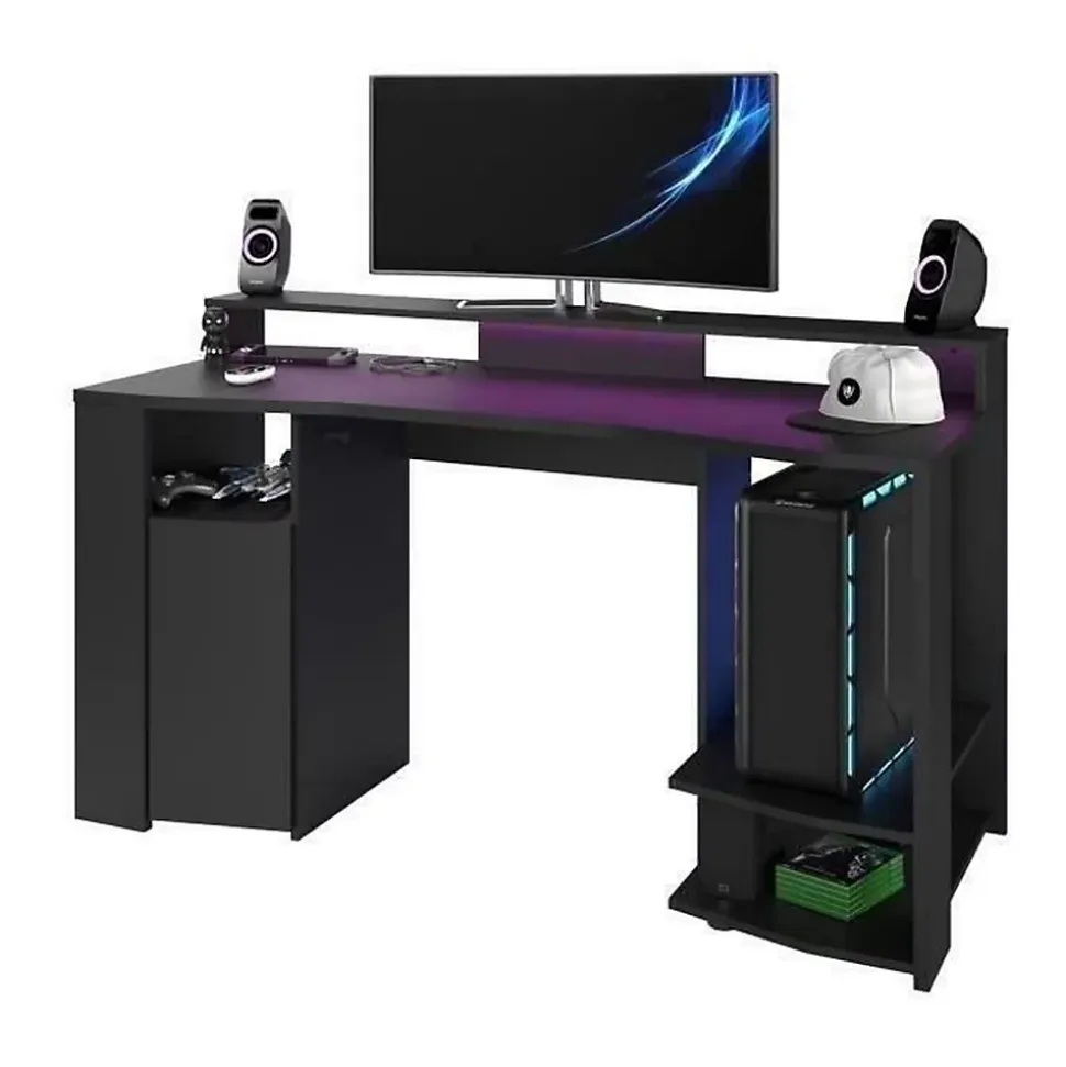 PARISOT Bureau gaming LED - Grande zone de jeu - Noir - L 152 x P 61,5 x H 86,7 cm - GAMER