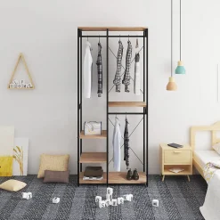 Penderie Bois + Acier Dressing Chambre Rangement Etageres