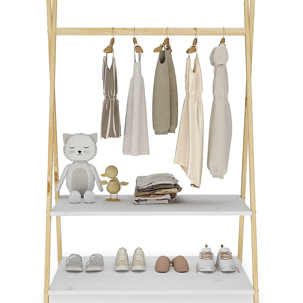 Penderie enfant DANILO avec rangement, en bois massif - Coloris naturel et blanc