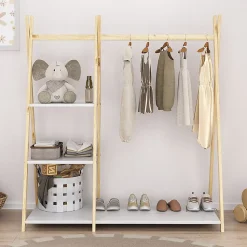 Penderie enfant LOTTE avec 3 étagères, en bois massif - Coloris naturel et blanc