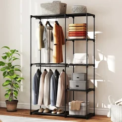 Penderie Ouverte - Penderie Métal avec Tringle et 6 Étagères, Rangement Pratique pour Chambre ou Dressing, Noir 111x43x185 cm