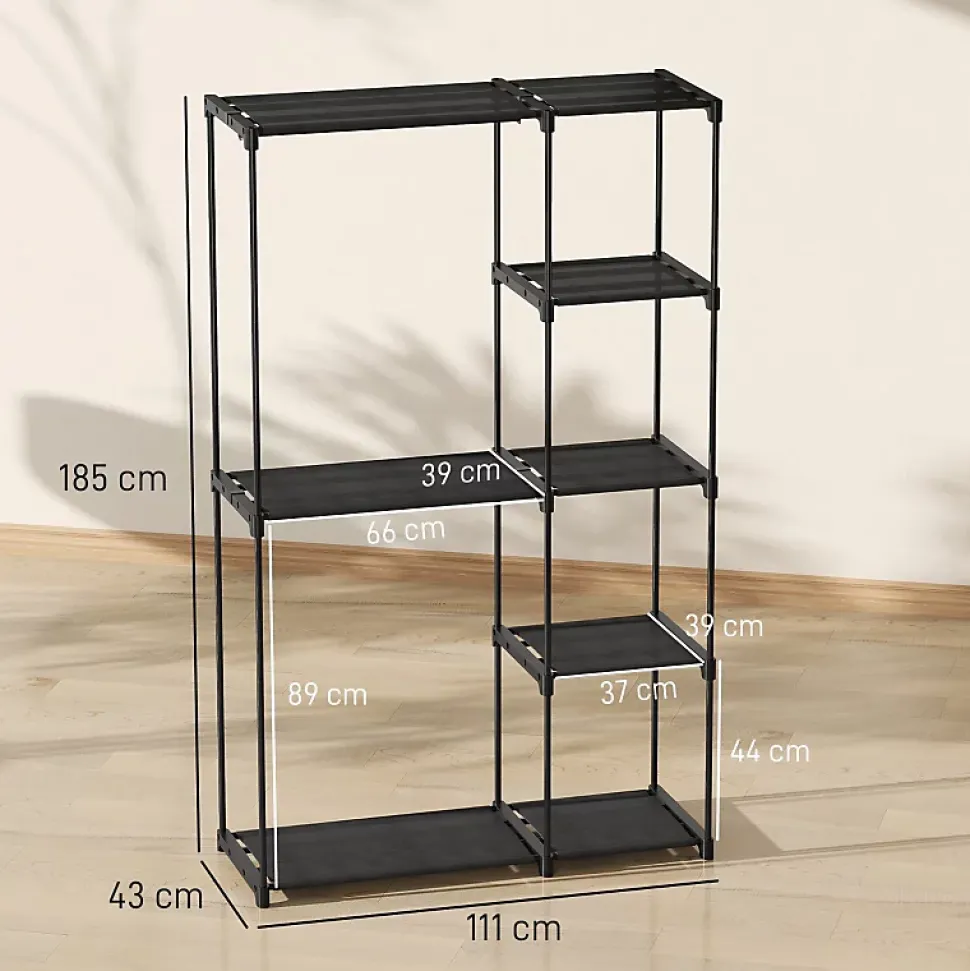 Penderie Ouverte - Penderie Métal avec Tringle et 6 Étagères, Rangement Pratique pour Chambre ou Dressing, Noir 111x43x185 cm