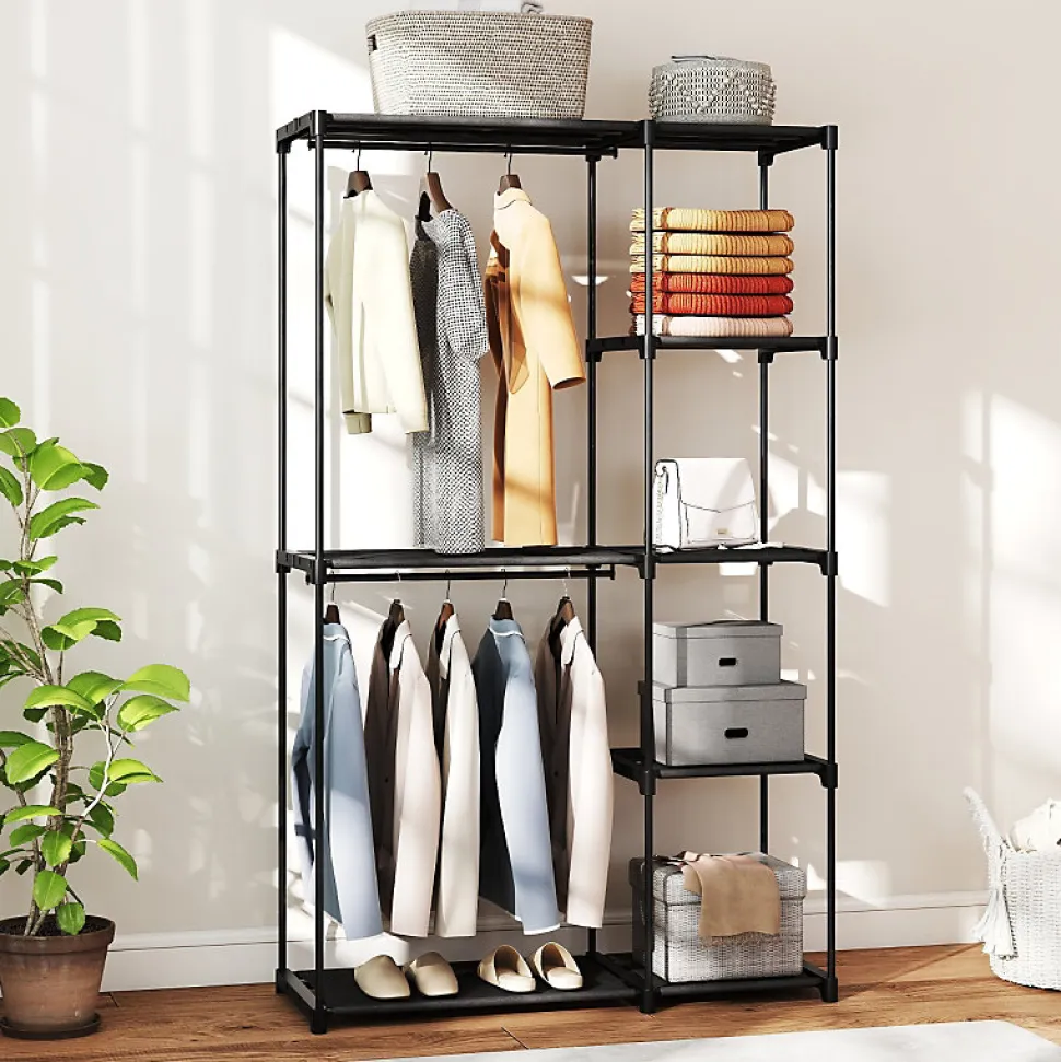 Penderie Ouverte - Penderie Métal avec Tringle et 6 Étagères, Rangement Pratique pour Chambre ou Dressing, Noir 111x43x185 cm