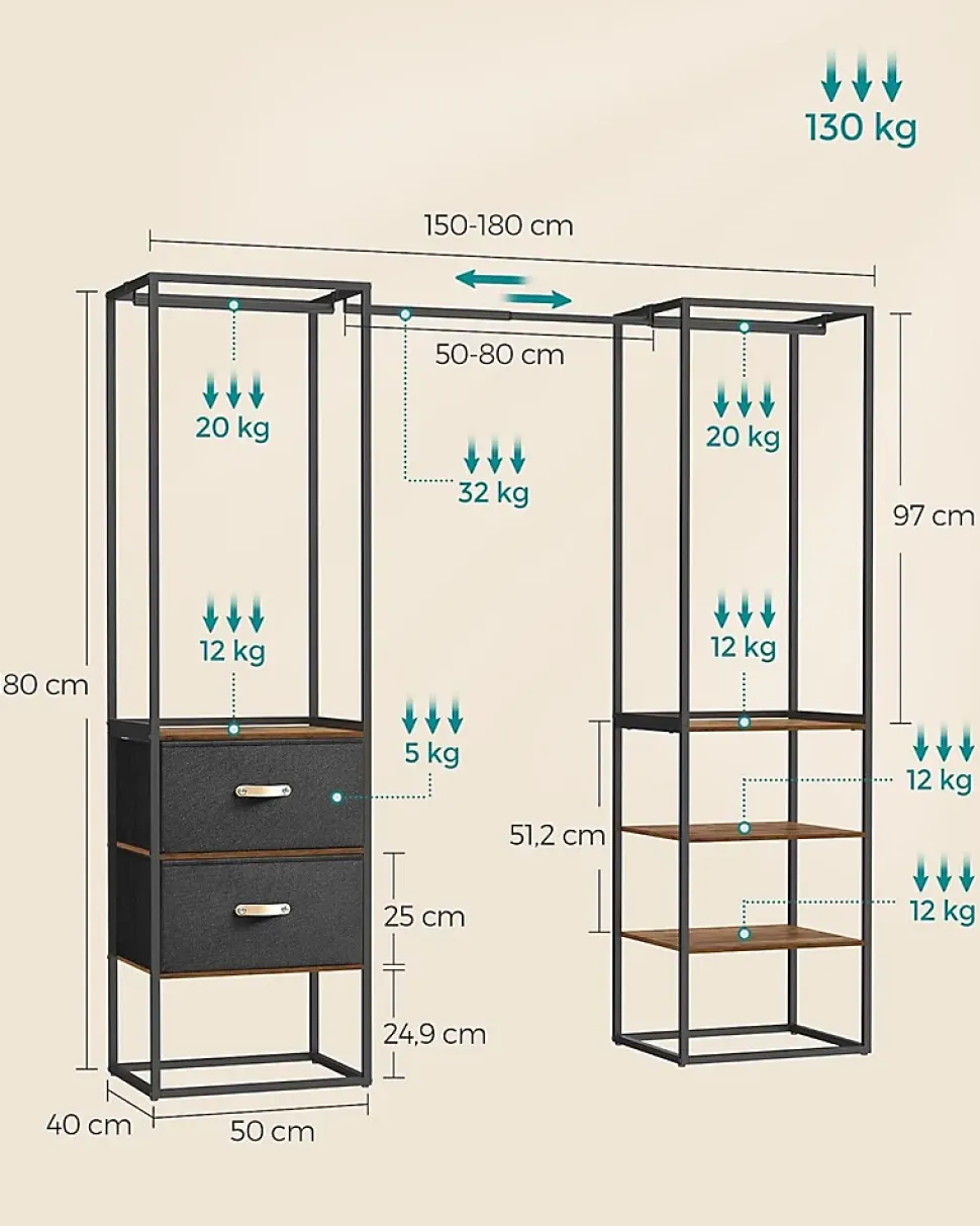 Penderie Ouverte Solide avec 1 Tringle Extensible, 2 Tiroirs, 4 Étagères, pour Chambre, Marron Rustique