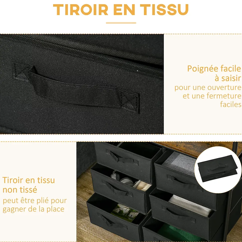 Penderie portant à vêtements style industriel sur roulettes 6 tiroirs barre penderie acier noir panneaux aspect bois