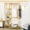 Penderie porte-manteaux - 5 étagères, espace penderie, 2 patères - dim. 90L x 30l x 155H cm - bois bambou