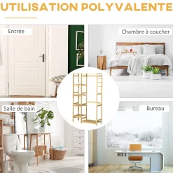 Penderie porte-manteaux - 5 étagères, espace penderie, 2 patères - dim. 90L x 30l x 155H cm - bois bambou