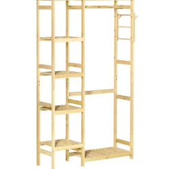 Penderie porte-manteaux - 5 étagères, espace penderie, 2 patères - dim. 90L x 30l x 155H cm - bois bambou