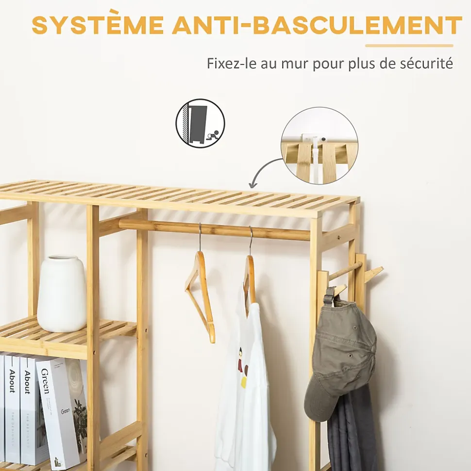 Penderie porte-manteaux - 5 étagères, espace penderie, 2 patères - dim. 90L x 30l x 155H cm - bois bambou