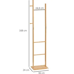 Penderie porte-manteaux - 3 barres de penderie, 2 patères - dim. 36L x 24l x 168H cm - bois bambou