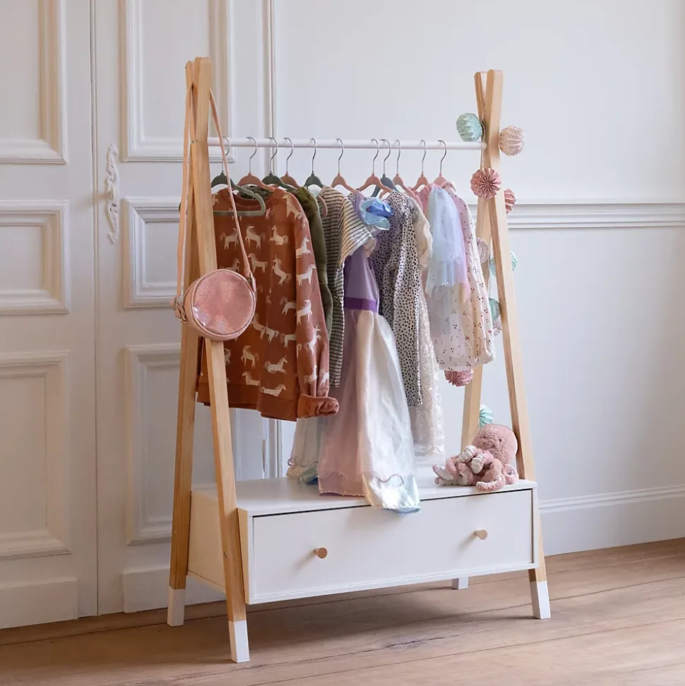 Penderie pour enfant bois et blanche avec tiroir LOU - HAPPY GARDEN