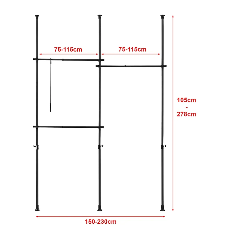 Penderie télescopique Kemi acier laqué 150 - 230 cm 3 barres de penderie noir en.casa