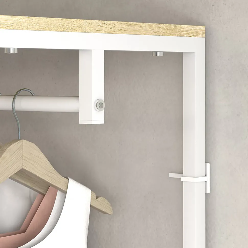 Penderie vestiaire d'entrée 2 étagères tringle acier blanc panneaux aspect bois clair