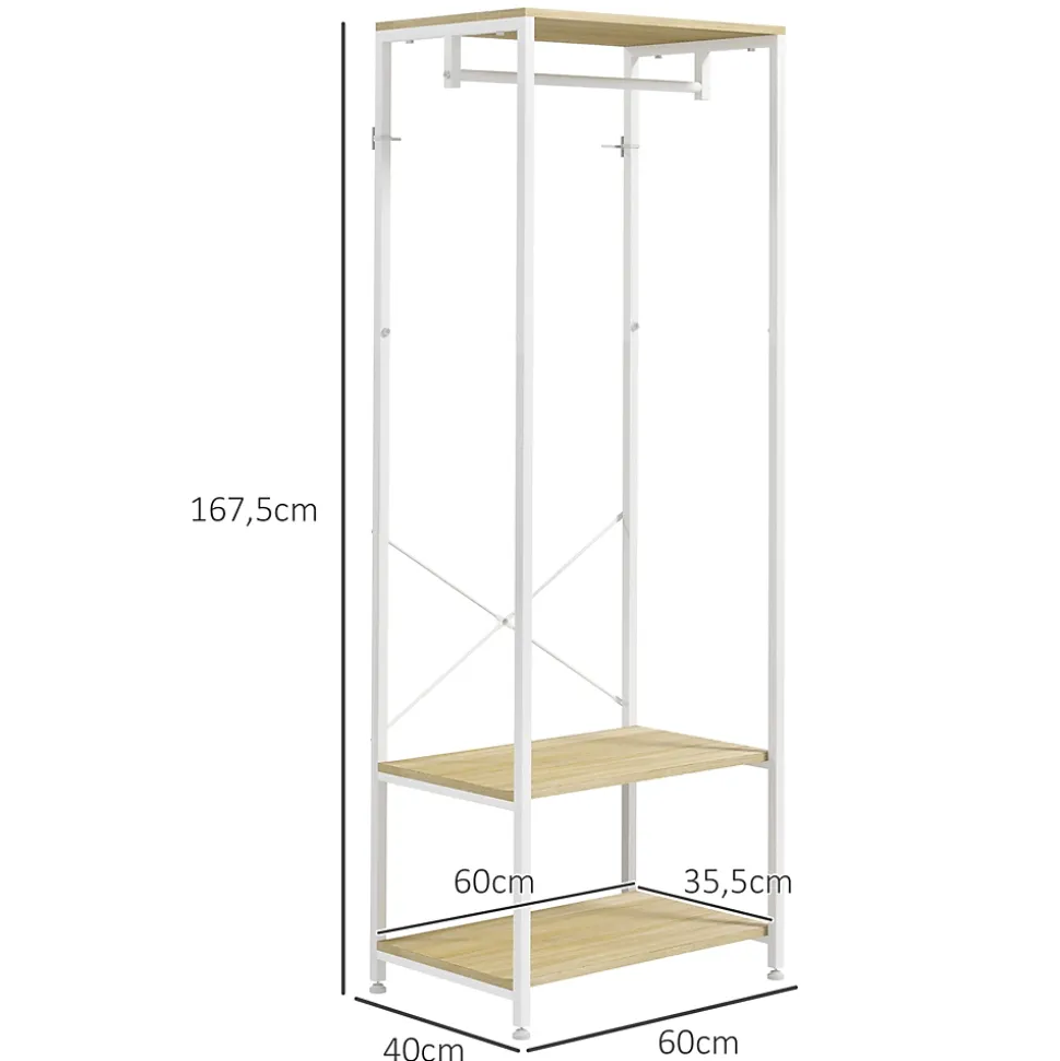 Penderie vestiaire d'entrée 2 étagères tringle acier blanc panneaux aspect bois clair