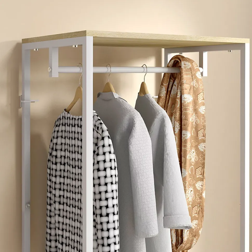 Penderie vestiaire d'entrée 2 étagères tringle acier blanc panneaux aspect bois clair