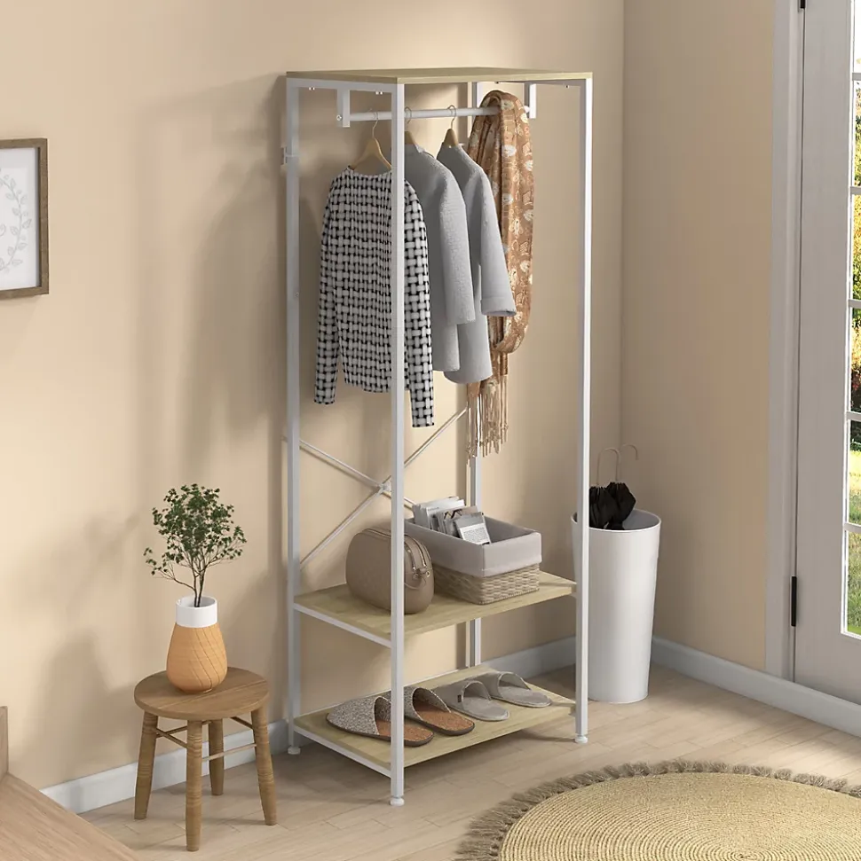Penderie vestiaire d'entrée 2 étagères tringle acier blanc panneaux aspect bois clair