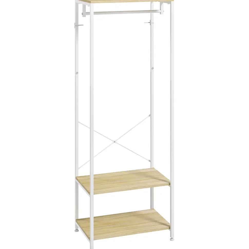 Penderie vestiaire d'entrée 2 étagères tringle acier blanc panneaux aspect bois clair