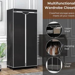 Pendrie en Tissu avec Housse 3 Parties espace de Stockage Armoire de Vêtements Imperméable Noir