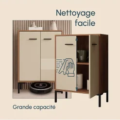 Petit meuble d'appoint moderne - 2 portes, mélamine mate, noyer/beige - L 60 x H 84 x P 30 cm