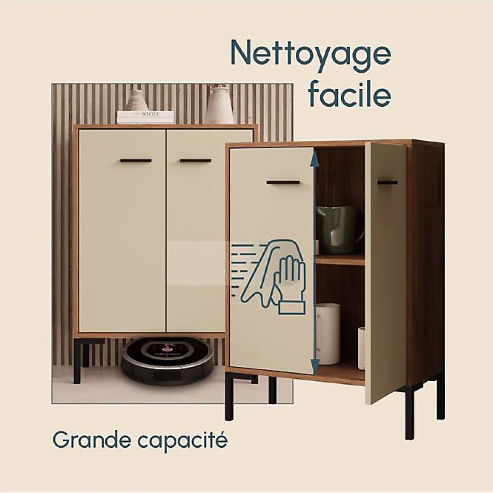 Petit meuble d'appoint moderne - 2 portes, mélamine mate, noyer/beige - L 60 x H 84 x P 30 cm