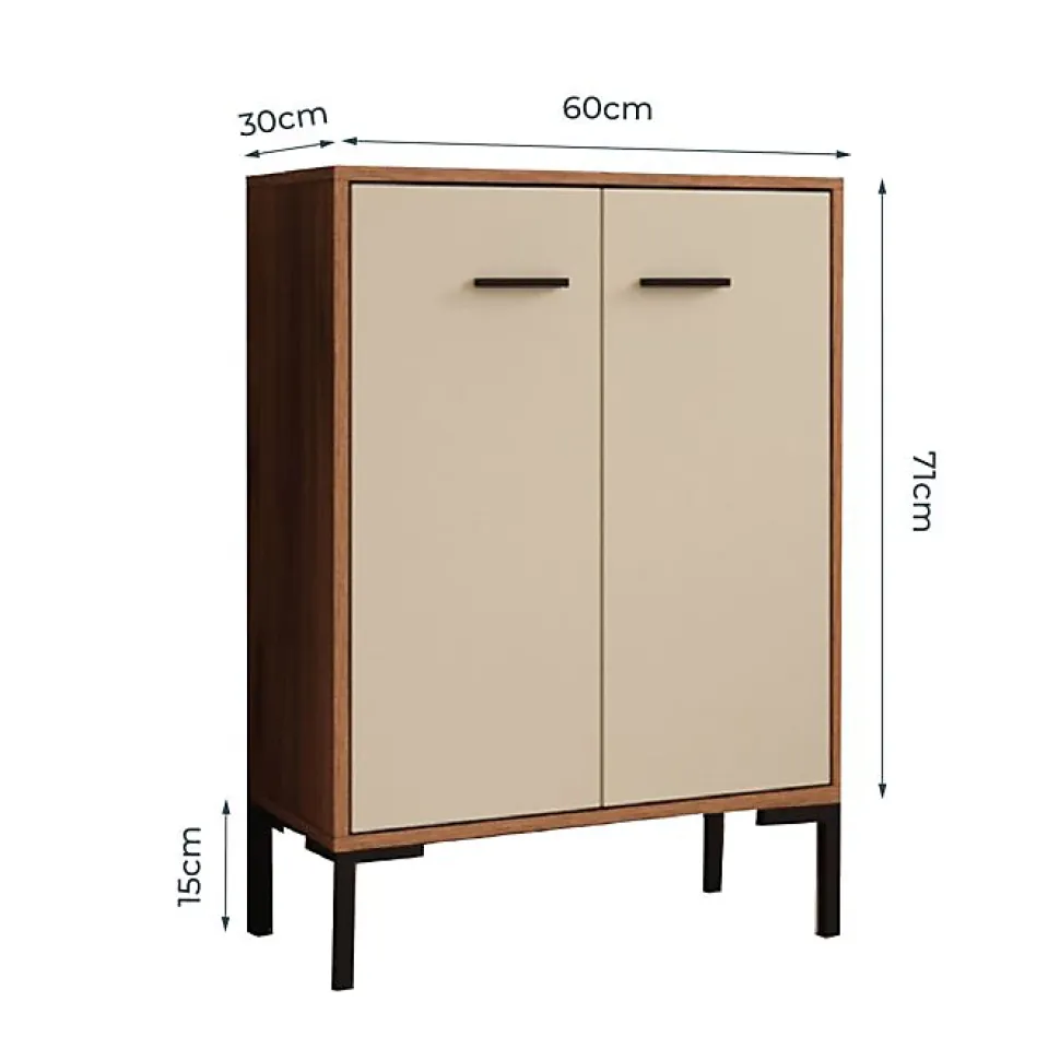Petit meuble d'appoint moderne - 2 portes, mélamine mate, noyer/beige - L 60 x H 84 x P 30 cm