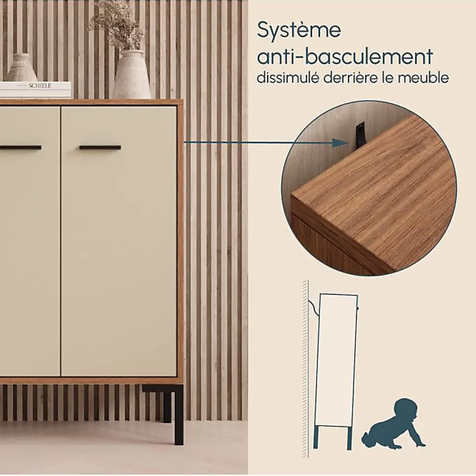 Petit meuble d'appoint moderne - 2 portes, mélamine mate, noyer/beige - L 60 x H 84 x P 30 cm