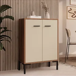Petit meuble d'appoint moderne - 2 portes, mélamine mate, noyer/beige - L 60 x H 84 x P 30 cm