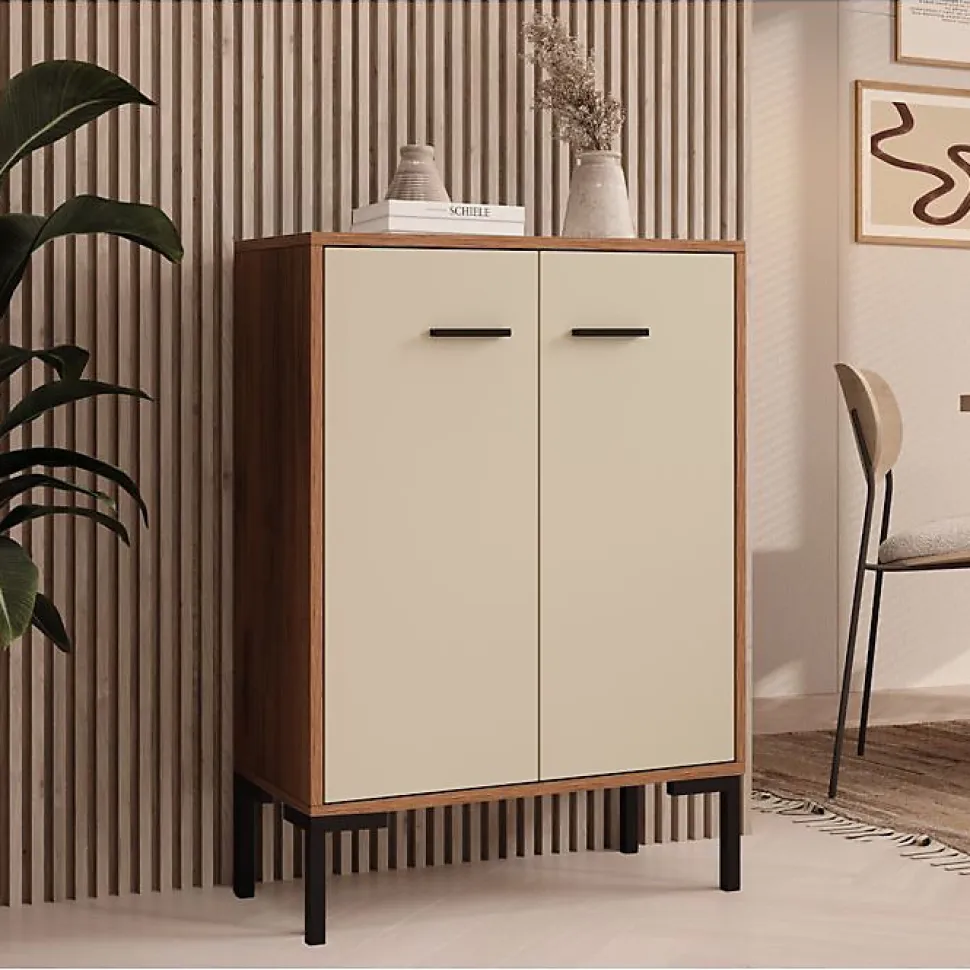 Petit meuble d'appoint moderne - 2 portes, mélamine mate, noyer/beige - L 60 x H 84 x P 30 cm